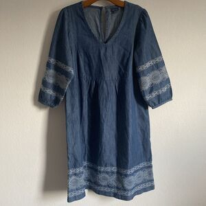 J. Jill Denim Embroidered Dress V-Neck 100% Cotton Blue Jeans Peasant Dress Sz S